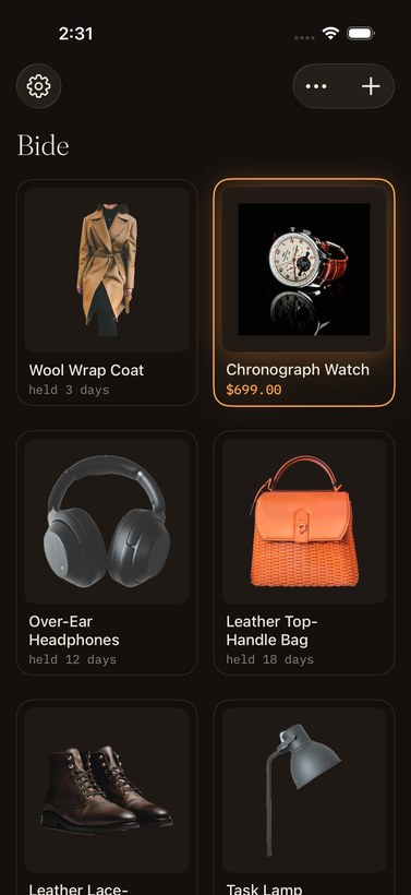 The Bide gallery — a quiet, dark grid of saved things: a wool coat, a chronograph watch whose price has genuinely dropped (glowing amber), over-ear headphones, a leather bag.